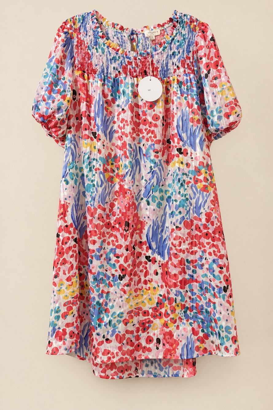 Umgee Plus 1XL Abstract Floral Metallic Smocked Puff Sleeve Midi Dress NWOT